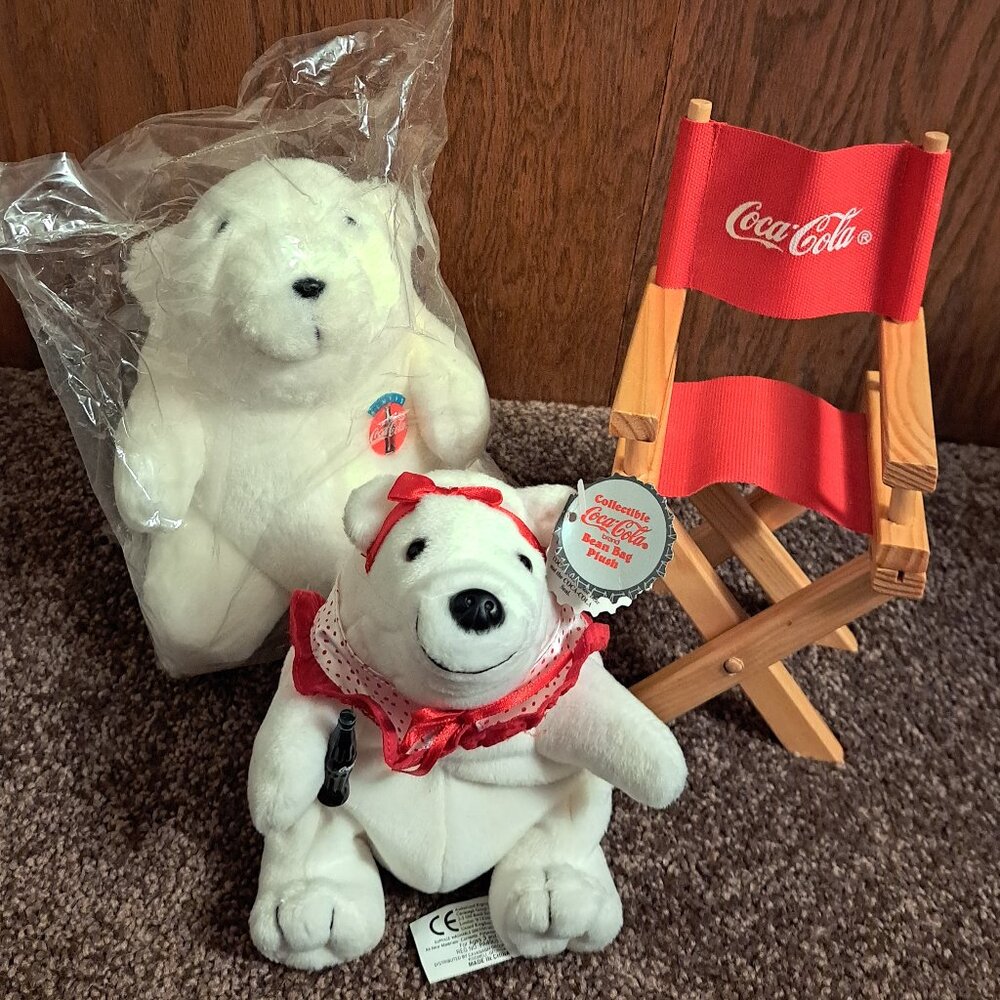 NWT Coca-Cola Mini director's chair.Vintage Coca-Cola polar bear ,Bean bag Plush